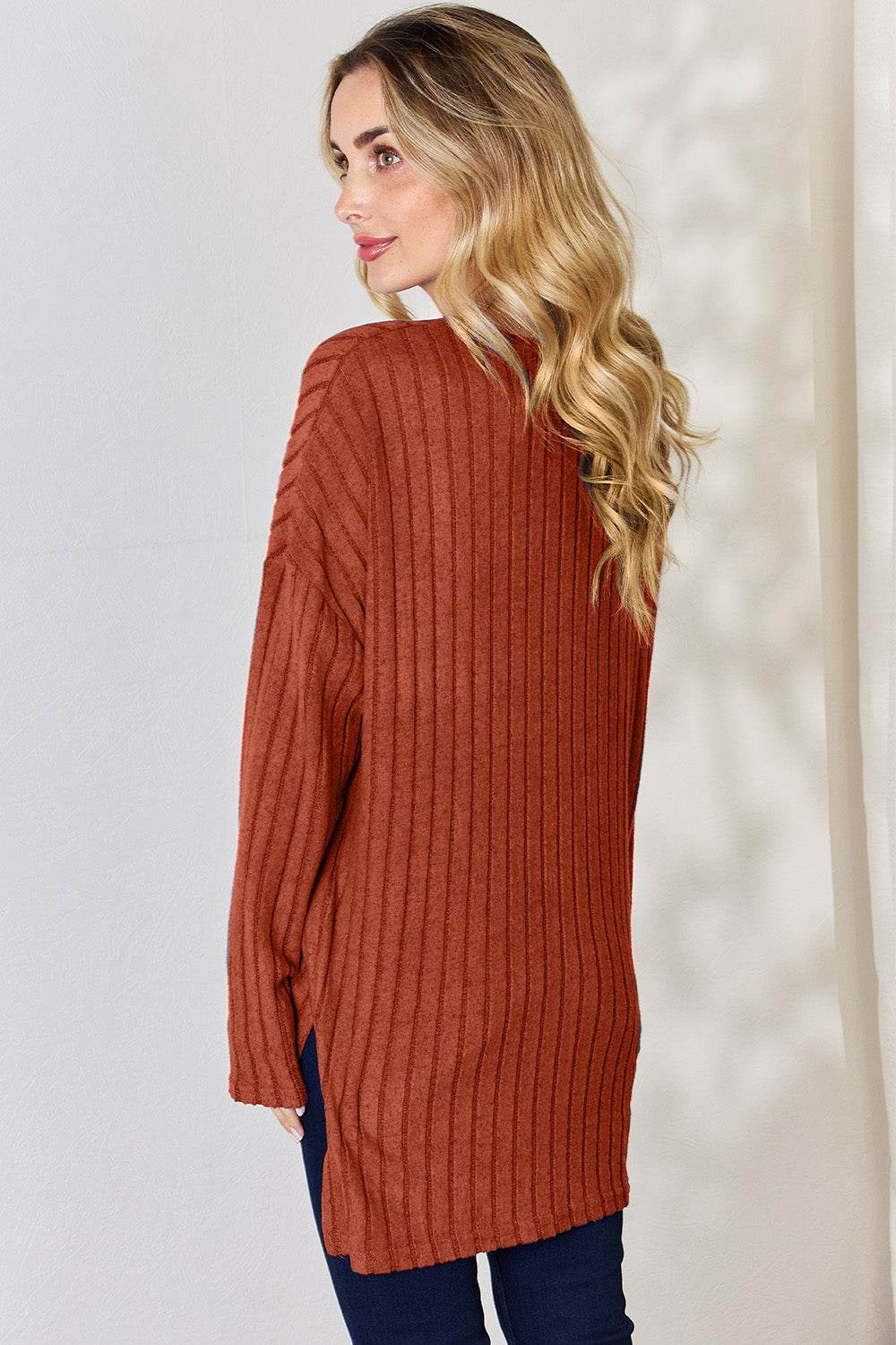 Basic Bae Full Size Ribbed Half Button Long Sleeve High-Low T-Shirt for a perfect OOTD – dress to impress outfits from Amexza