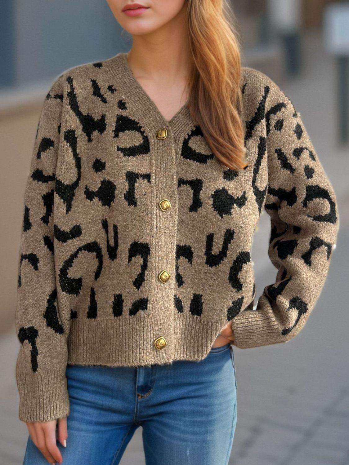 Leopard V-Neck Button Up Cardigan - Amexza