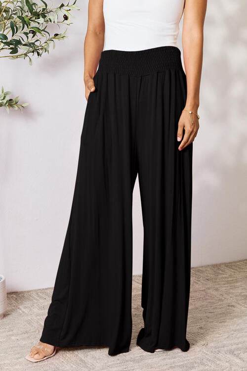 Basic Bae Full Size Smocked Wide Waistband Wide Leg Pants Black for a perfect OOTD – dress to impress outfits from Amexza