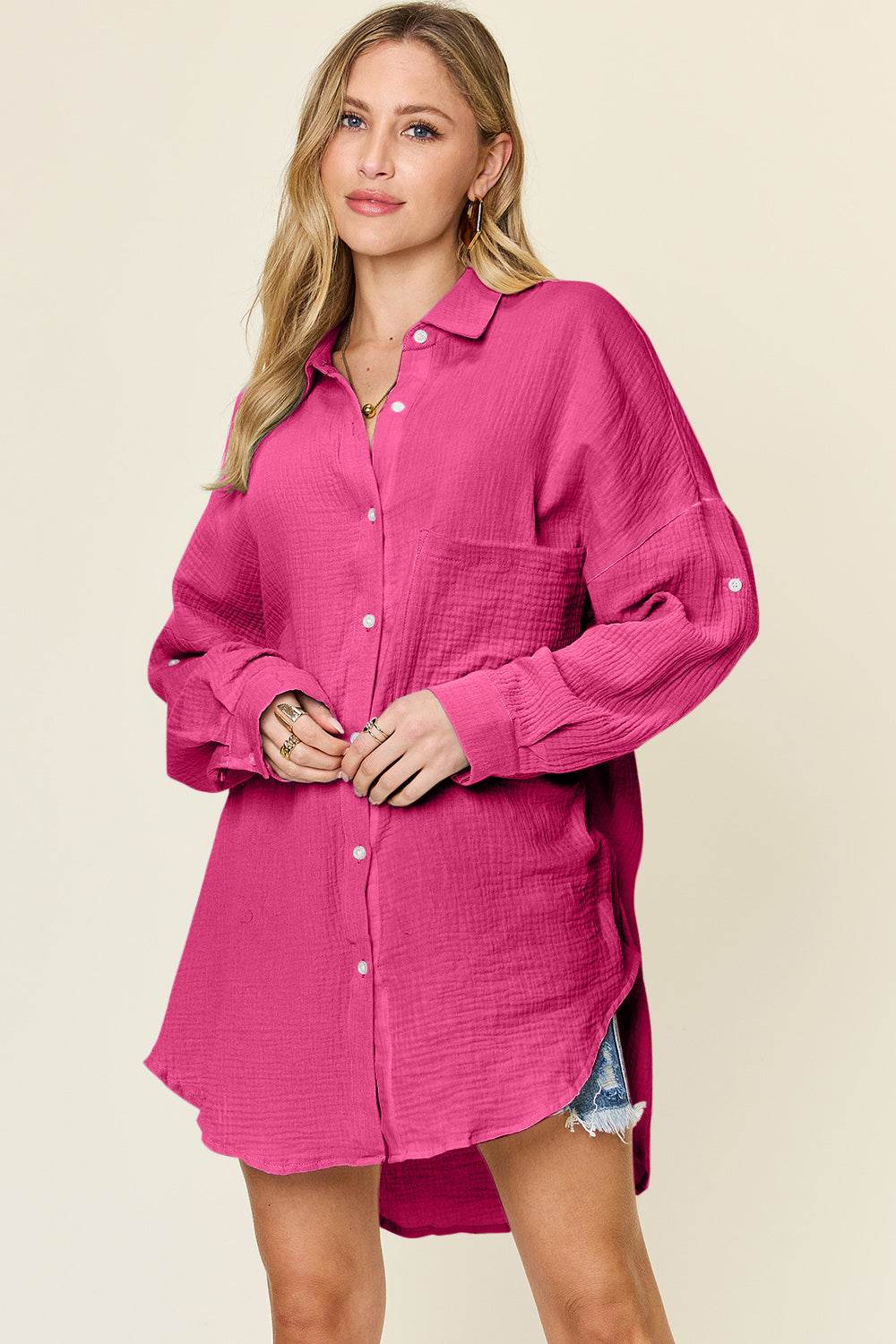 Double Take Full Size Pocketed Texture Button Up Shirt for a perfect OOTD – dress to impress outfits from Amexza