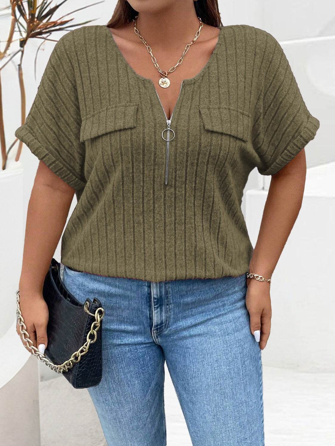 Plus Size Half Zip Short Sleeve T-Shirt for a perfect OOTD – dress to impress outfits from Amexza