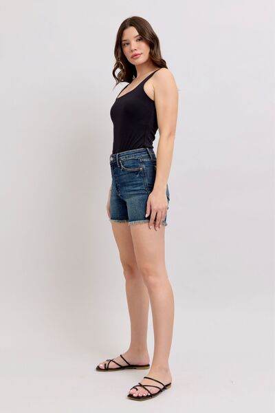 Judy Blue Tummy Control Fray Hem & Shield Back Pockets Denim Shorts for a perfect OOTD – dress to impress outfits from Amexza