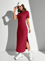 Slit Round Neck Short Sleeve Sweater Dress for a perfect OOTD – dress to impress outfits from Amexza