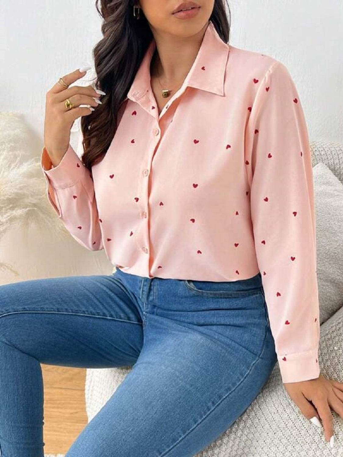 Heart Collared Neck Long Sleeve Shirt for a perfect OOTD – dress to impress outfits from Amexza