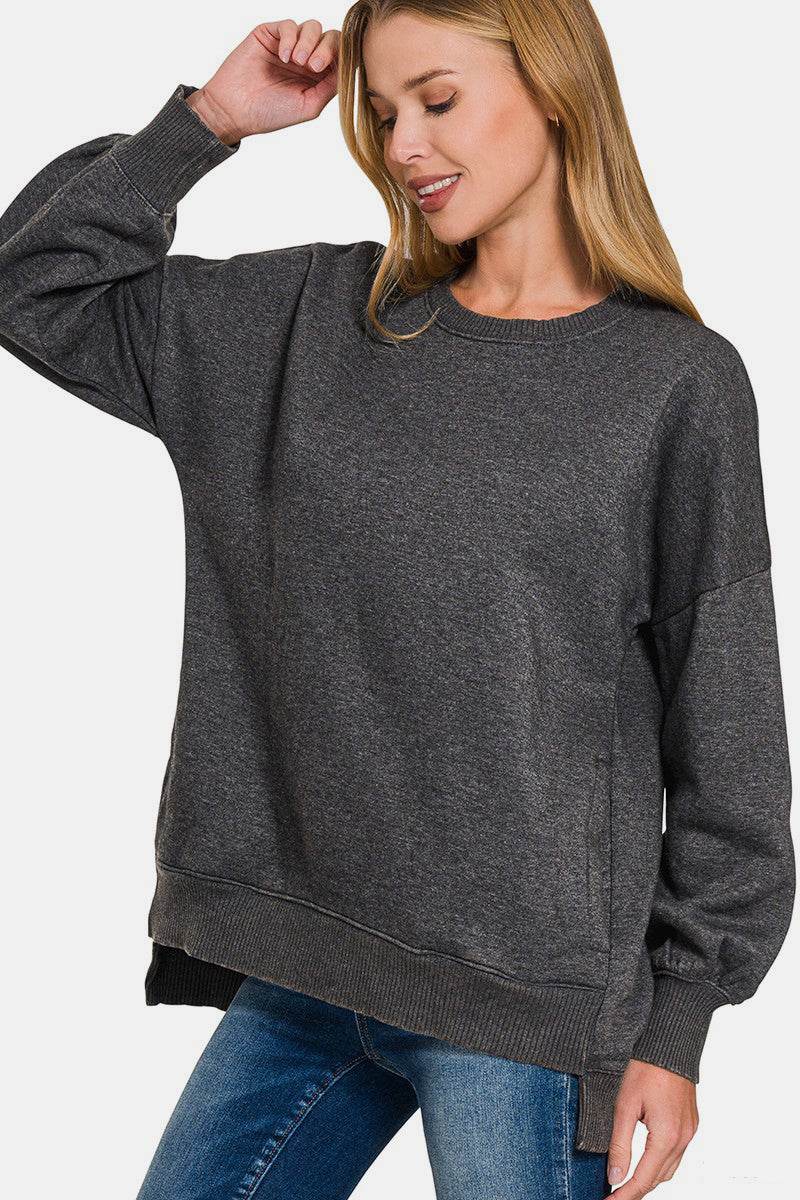 Zenana High-Low Acid Wash Fleece Sweatshirt for a perfect OOTD – dress to impress outfits from Amexza