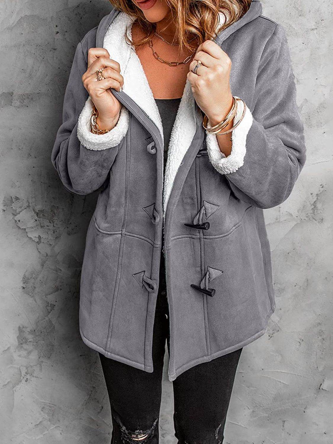 Full Size Pocketed Long Sleeve Hooded Toggle Jacket Gray for a perfect OOTD – dress to impress outfits from Amexza