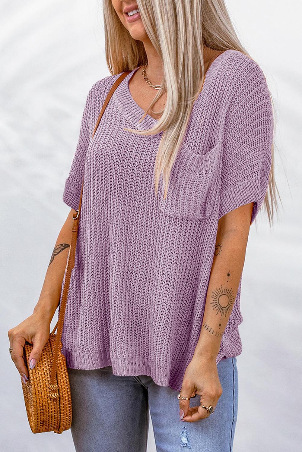 Side Slit V-Neck Short Sleeve Sweater for a perfect OOTD – dress to impress outfits from Amexza