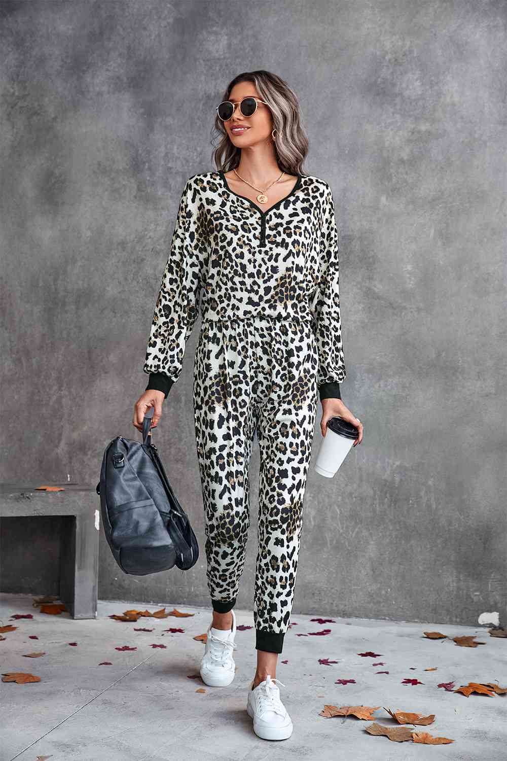 Leopard V-Neck Dropped Shoulder Loungewear Set for a perfect OOTD – dress to impress outfits from Amexza