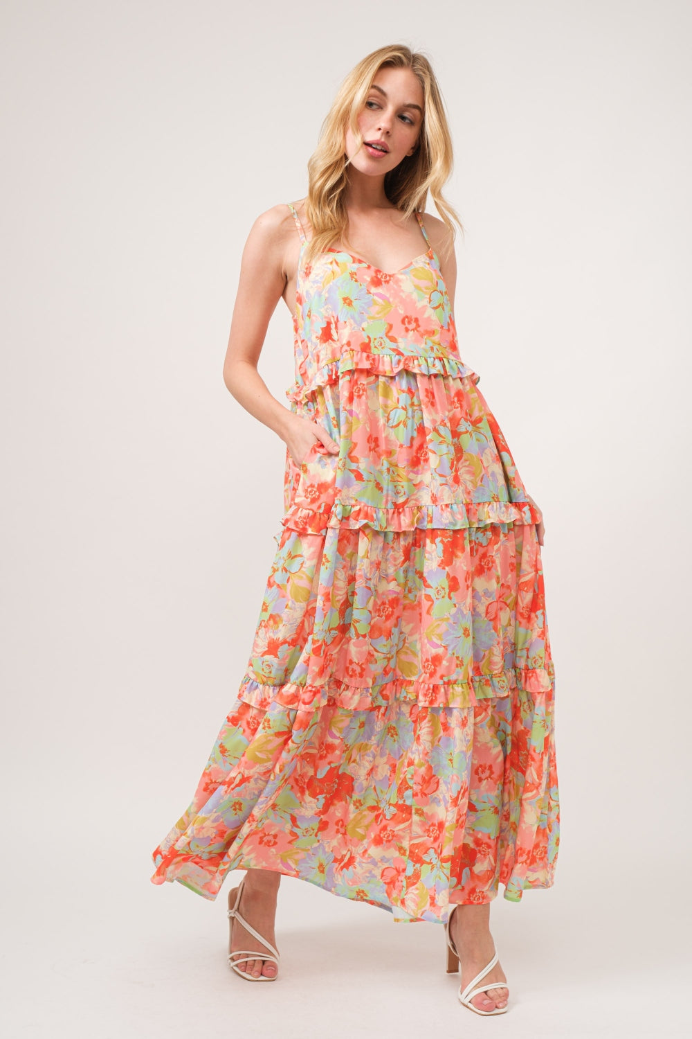 And The Why Floral Ruffled Tiered Maxi Adjustable Strap Cami Dress