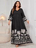 Honey Plus Size Printed V-Neck Long Sleeve Maxi Dress - Amexza