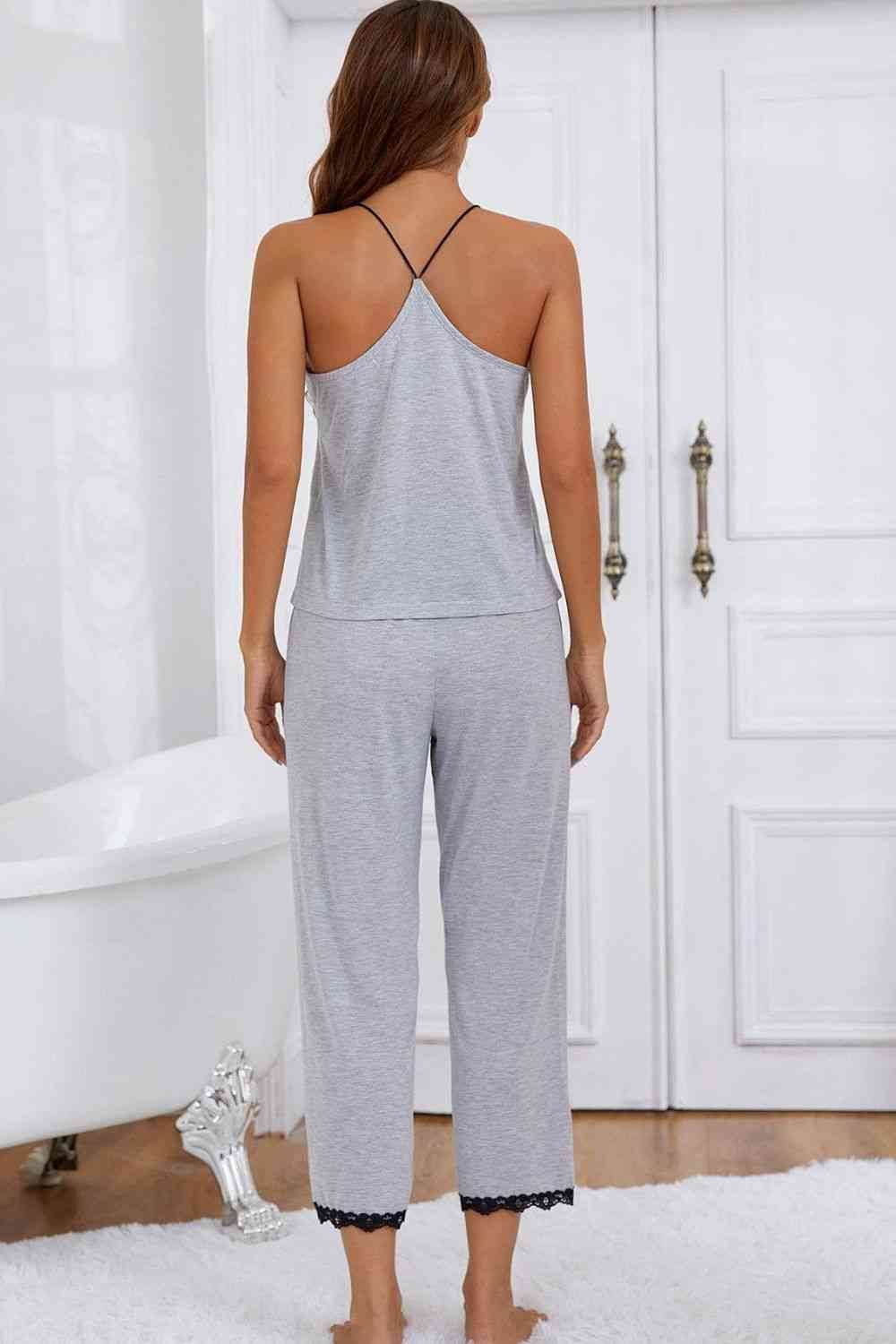 Halter Neck Cami and Lace Trim Pajama Set for a perfect OOTD – dress to impress outfits from Amexza