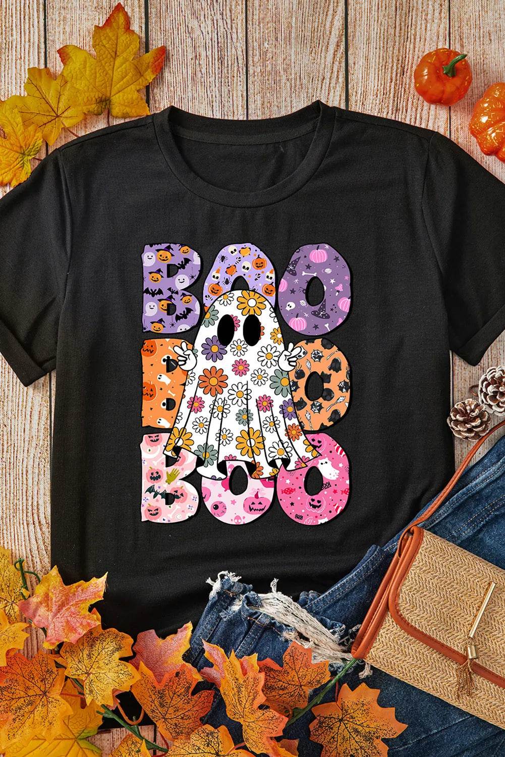 BOO Ghost Graphic Round Neck Short Sleeve T-Shirt for a perfect OOTD – dress to impress outfits from Amexza