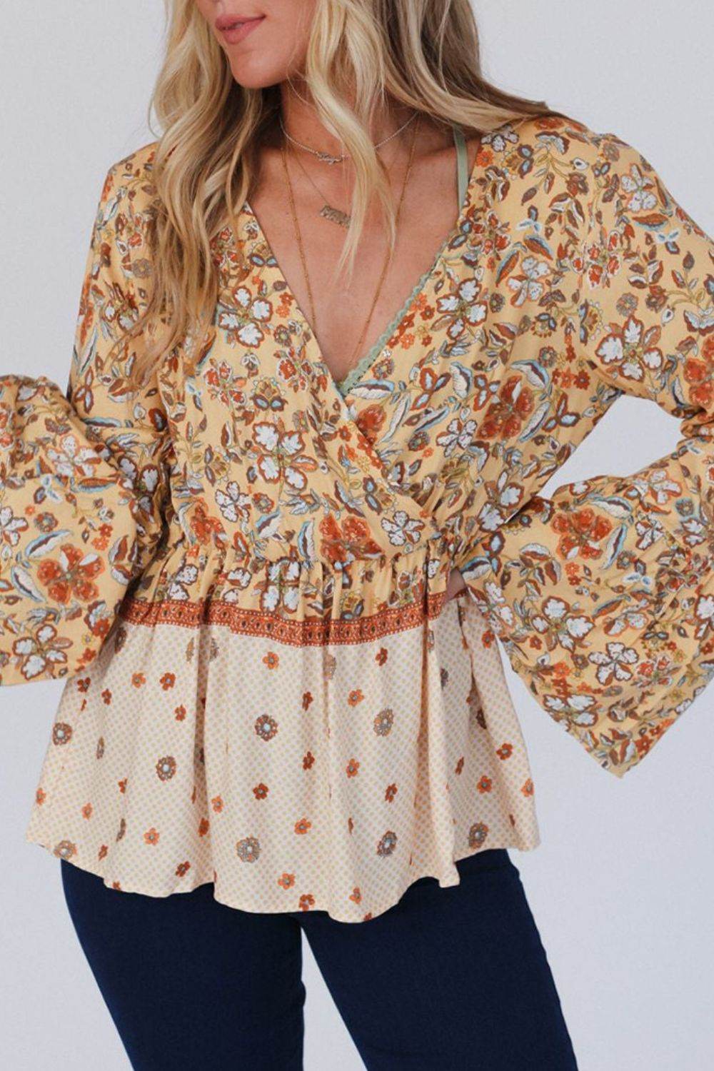 Peplum Printed Surplice Flare Sleeve Blouse for a perfect OOTD – dress to impress outfits from Amexza