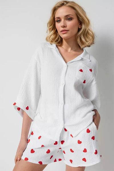 Basic Bae Heart Collared Neck Button Down Top and Shorts Set - Amexza