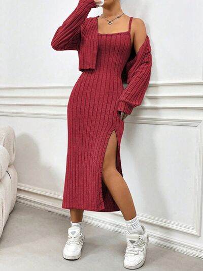 Ribbed Long Sleeve Cropped Cardigan and Slit Cami Dress Set for a perfect OOTD – dress to impress outfits from Amexza