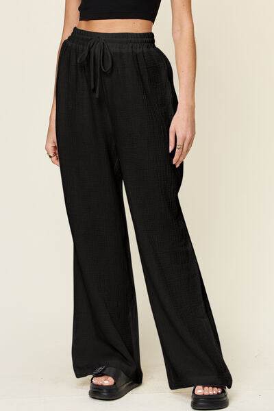 Double Take Full Size Texture Drawstring Wide Leg Pants Black for a perfect OOTD – dress to impress outfits from Amexza