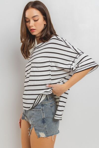 Ces Femme Side Slit Striped Round Neck Half Sleeve T-Shirt for a perfect OOTD – dress to impress outfits from Amexza