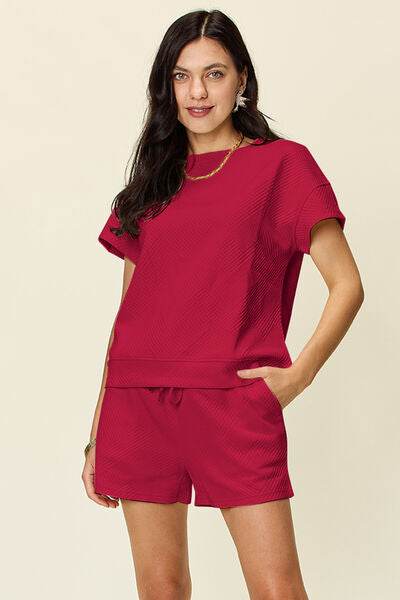 Double Take Full Size Texture Short Sleeve T-Shirt and Drawstring Shorts Set Deep Red for a perfect OOTD – dress to impress outfits from Amexza