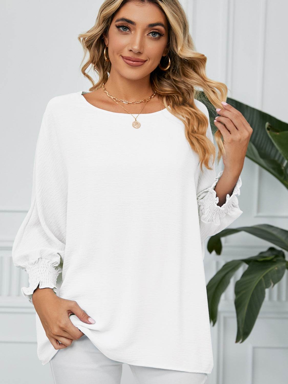 Smocked Lantern Sleeve Round Neck Blouse White for a perfect OOTD – dress to impress outfits from Amexza