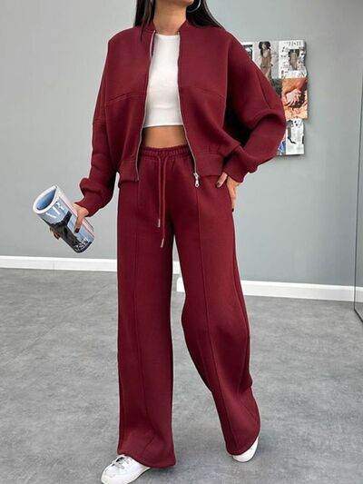 Baseball Collar Zip Up Outerwear and Drawstring Pants Set Burgundy for a perfect OOTD – dress to impress outfits from Amexza