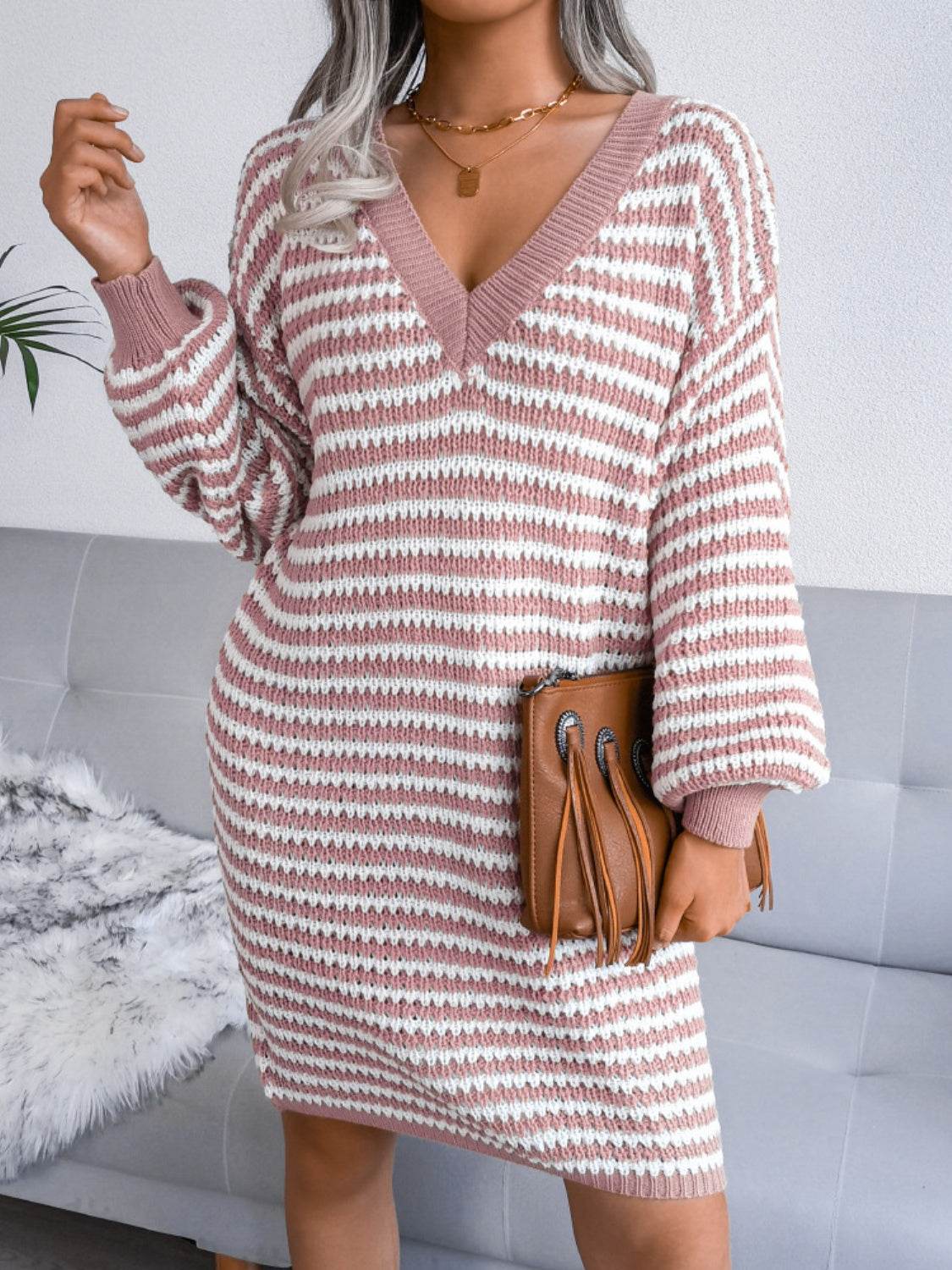 Striped V-Neck Long Sleeve Mini Sweater Dress for a perfect OOTD – dress to impress outfits from Amexza