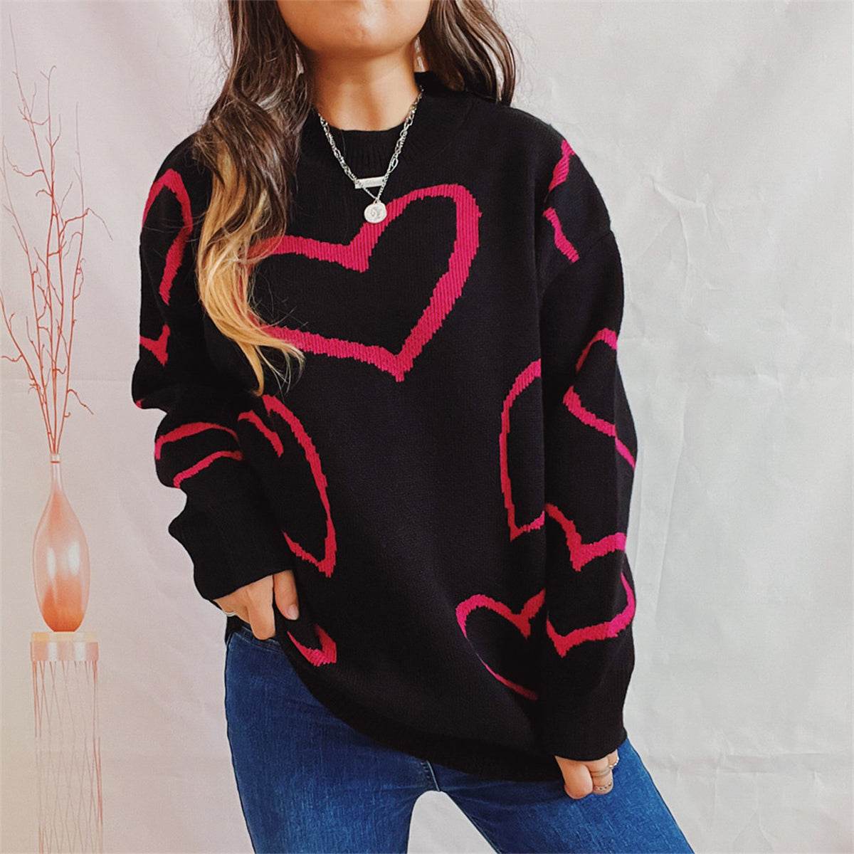Heart Pattern Long Sleeve Sweater Black for a perfect OOTD – dress to impress outfits from Amexza