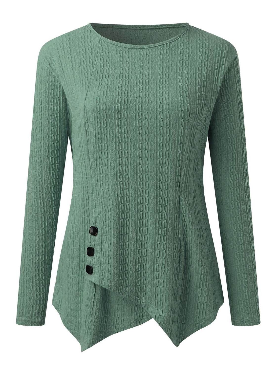 Decorative Button Round Neck Long Sleeve Top - Amexza