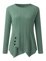 Decorative Button Round Neck Long Sleeve Top - Amexza