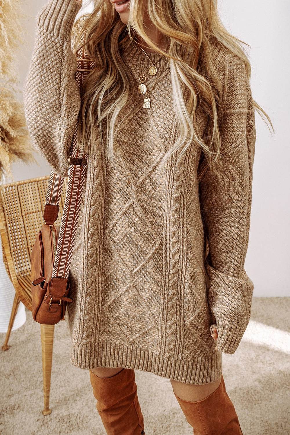 Cable-Knit Round Neck Sweater Dress - Amexza