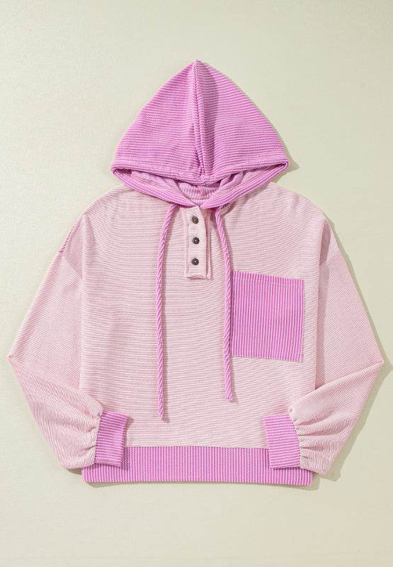 Corded Color Block Drawstring Hoodie - Amexza