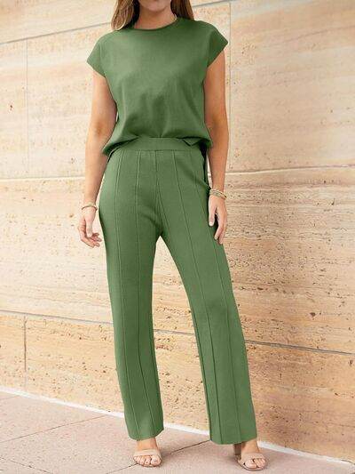 Round Neck Cap Sleeve Top and Pants Knit Set Matcha Green for a perfect OOTD – dress to impress outfits from Amexza