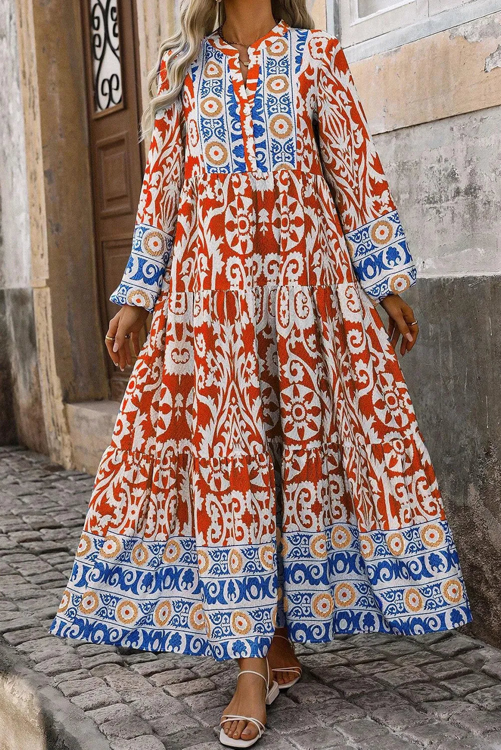 Printed Notched Long Sleeve Maxi Dress - Orange / S