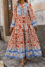 Printed Notched Long Sleeve Maxi Dress - Amexza