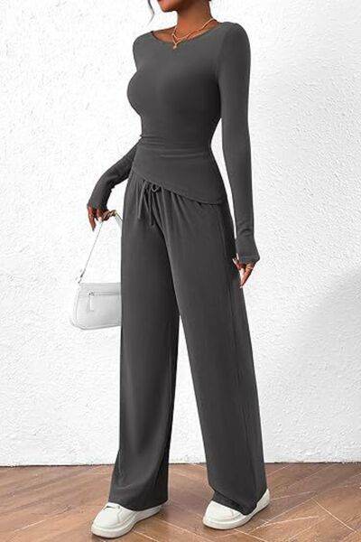 Round Neck Long Sleeve Top and Pants Set - Amexza