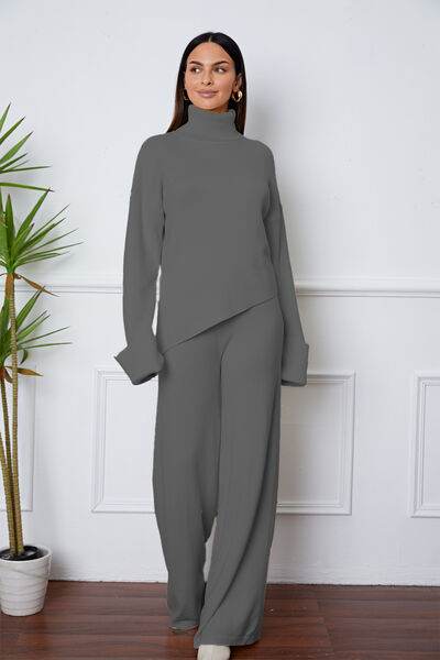 Turtleneck Dropped Shoulder Top and Pants Sweater Set Dark Gray One Size for a perfect OOTD – dress to impress outfits from Amexza