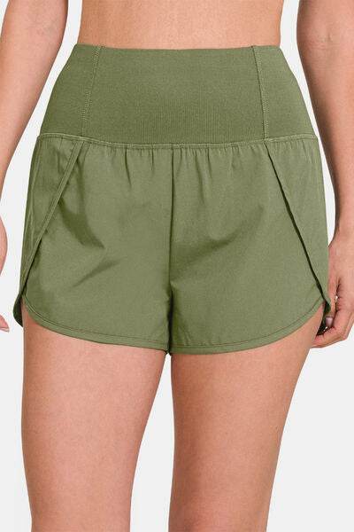 Zenana High-Waisted Zippered Back Pocket Active Shorts Lt Olive for a perfect OOTD – dress to impress outfits from Amexza