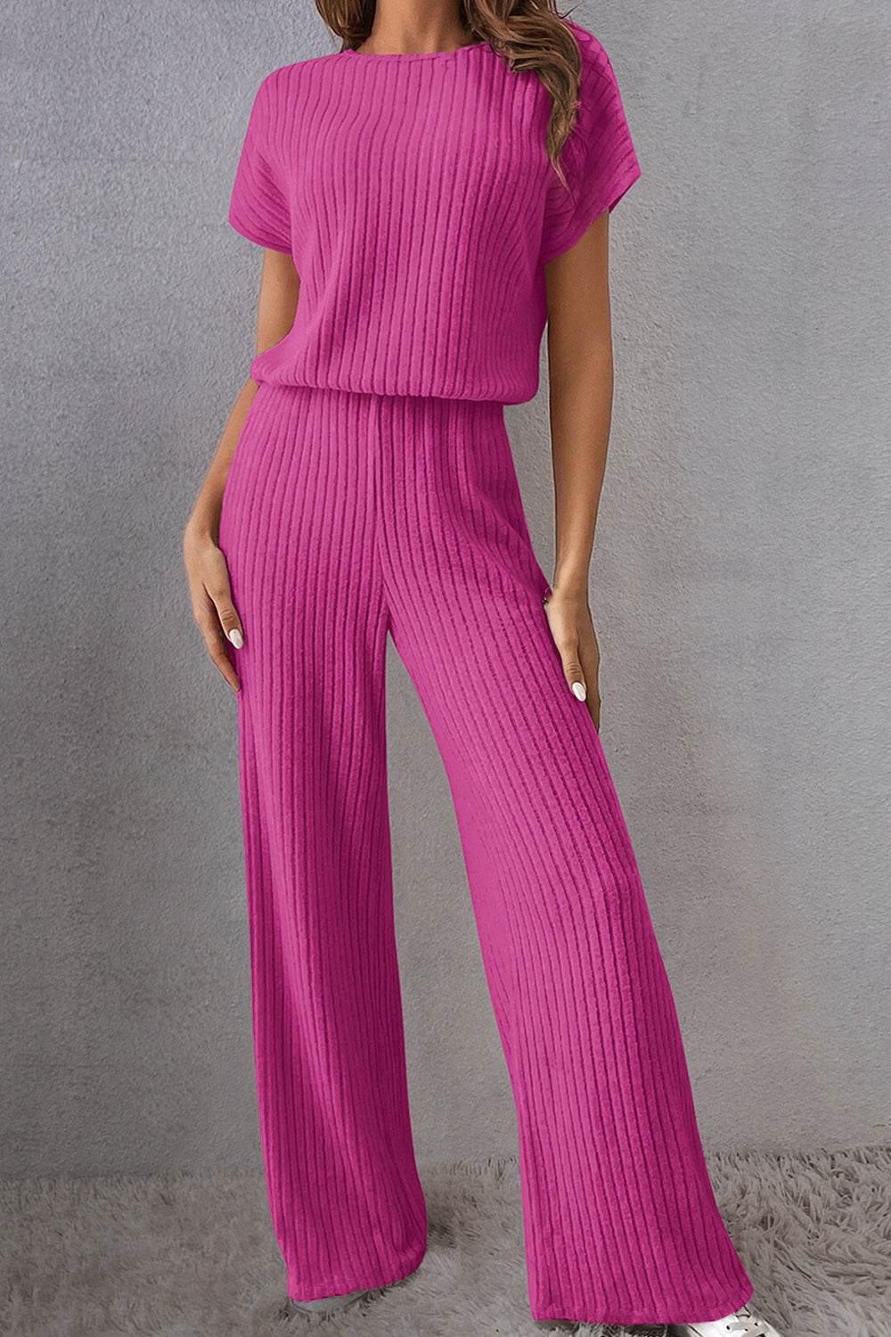 Round Neck Short Sleeve Jumpsuit Hot Pink for a perfect OOTD – dress to impress outfits from Amexza