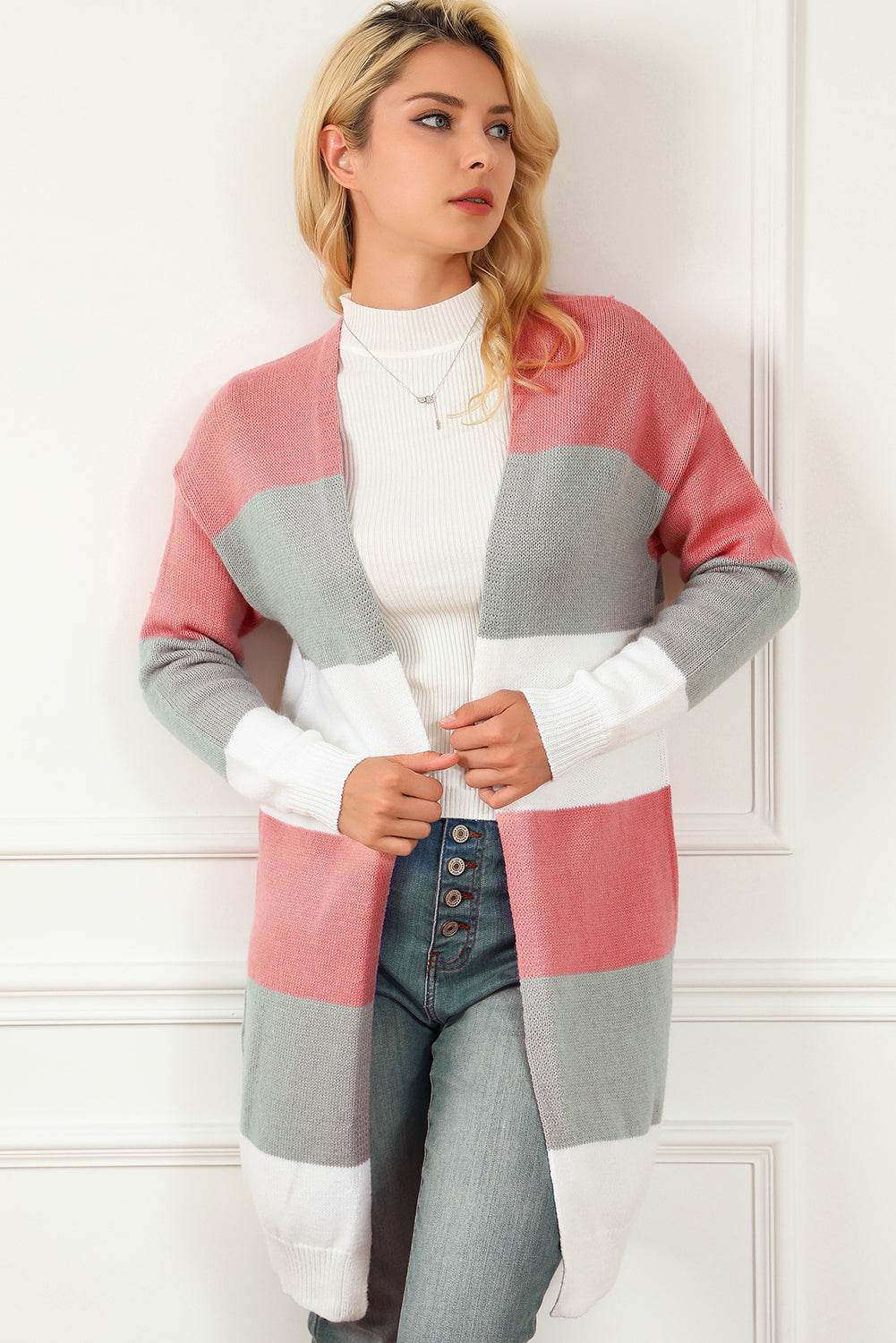 Striped Open Front Long Sleeve Cardigan Burnt Coral for a perfect OOTD – dress to impress outfits from Amexza