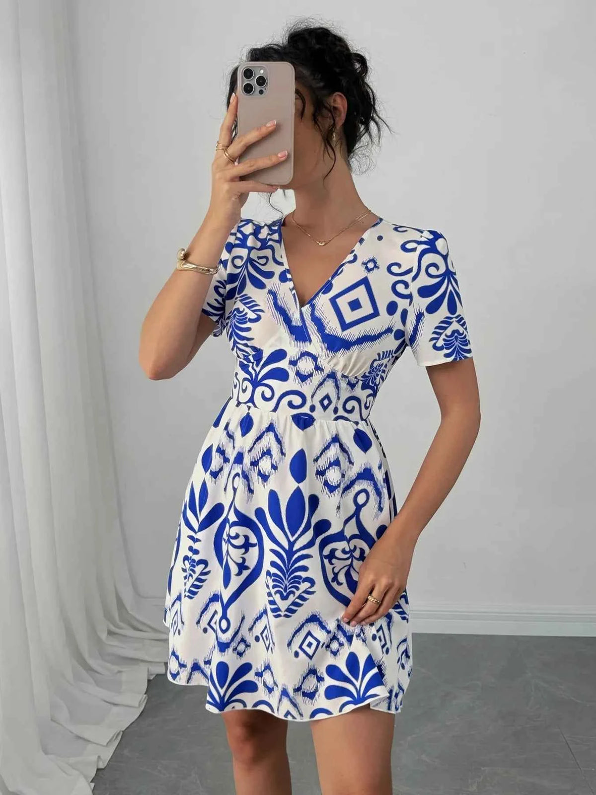 Printed Surplice Short Sleeve Dress
