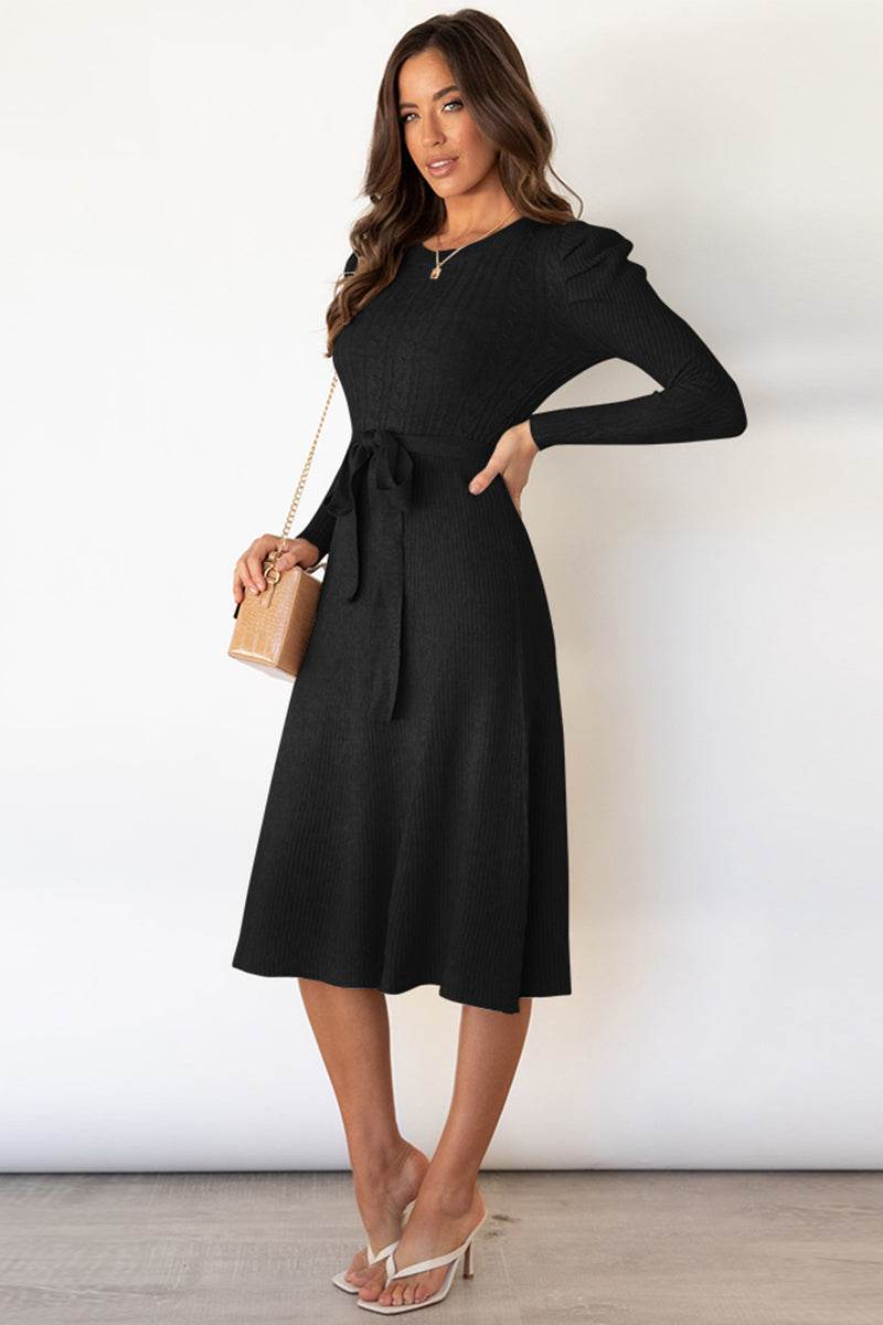 Round Neck Long Sleeve Tie Waist Sweater Dress for a perfect OOTD – dress to impress outfits from Amexza