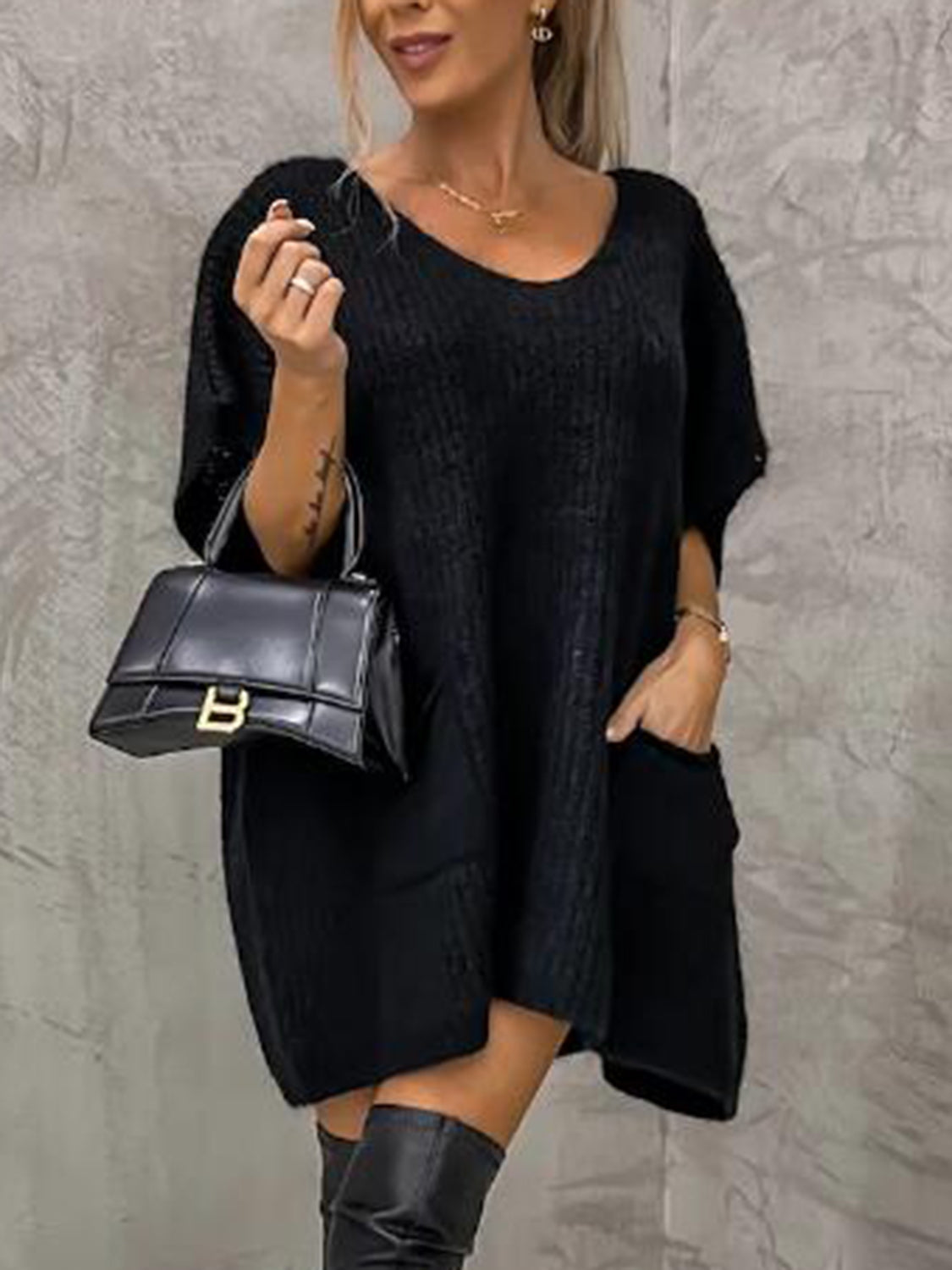 V-Neck Short Sleeve Sweater with Pockets Black for a perfect OOTD – dress to impress outfits from Amexza