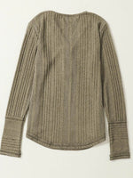 Textured V-Neck Long Sleeve T-Shirt - Amexza