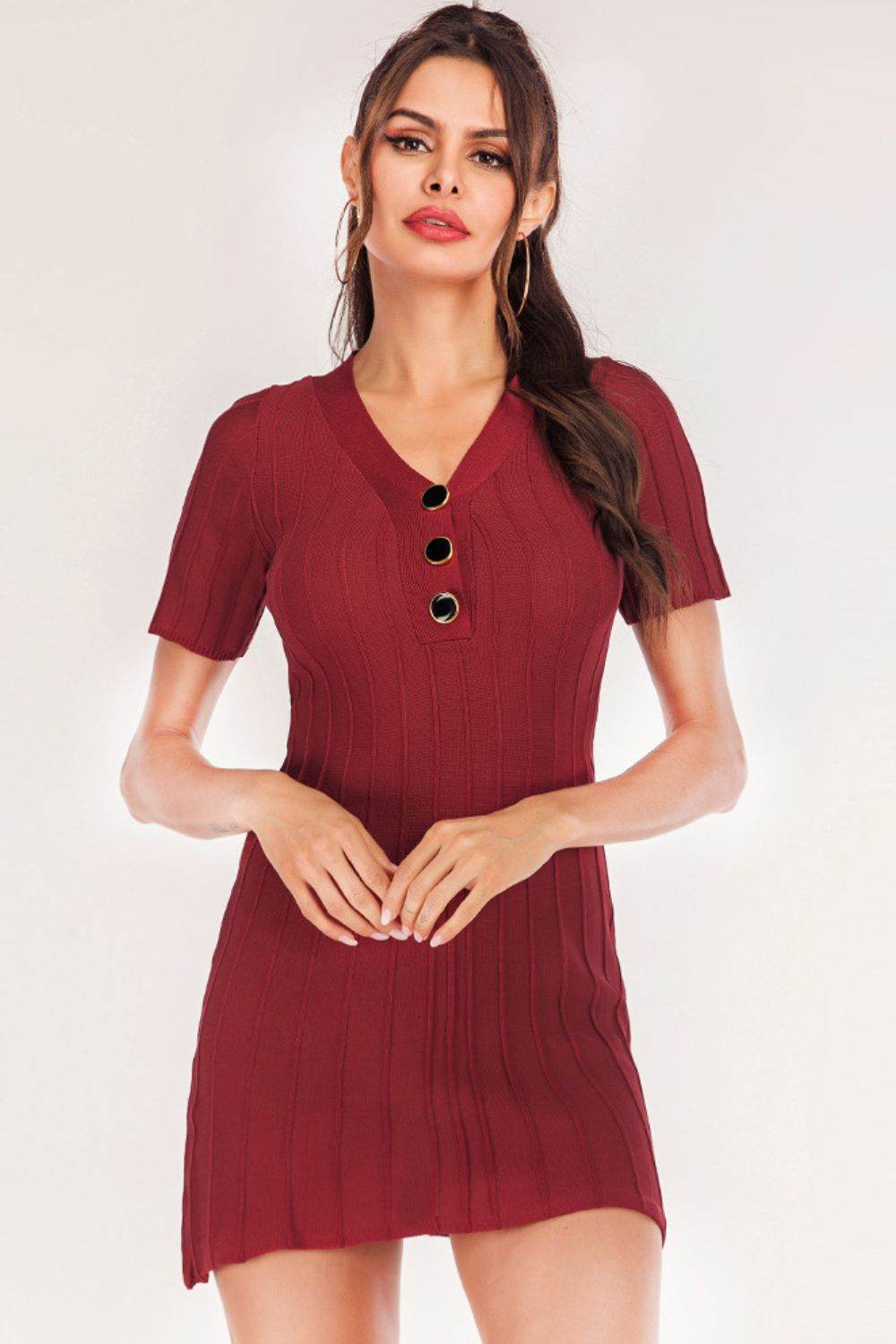 Buttoned Short Sleeve V-Neck Knit Dress Burgundy One Size for a perfect OOTD – dress to impress outfits from Amexza