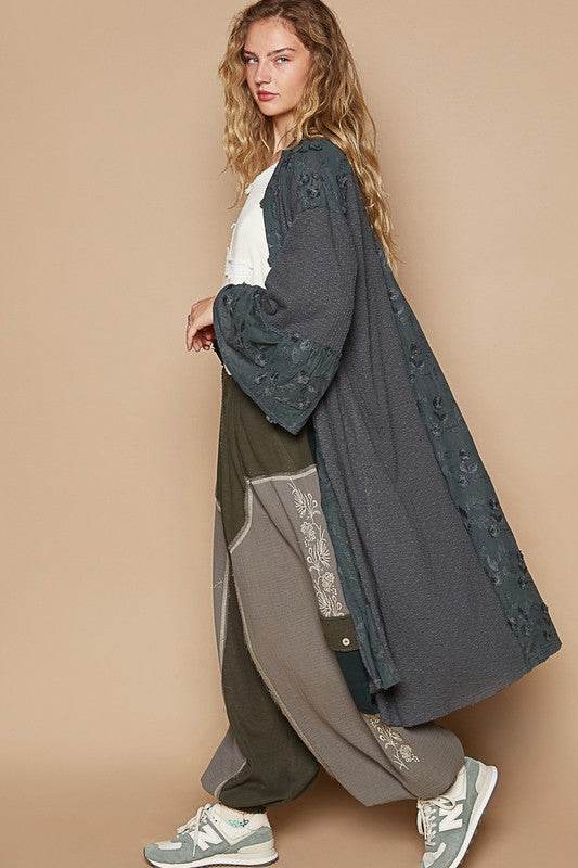 POL Flower Lace Trim Open Front Longline Cardigan for a perfect OOTD – dress to impress outfits from Amexza