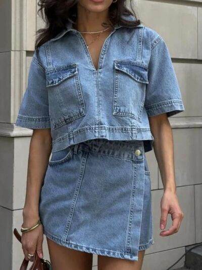 Johnny Collar Short Sleeve Top and Skort Denim Set - Amexza