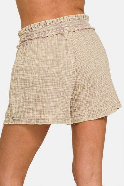 Zenana Washed Frayed Hem Drawstring Shorts - Amexza