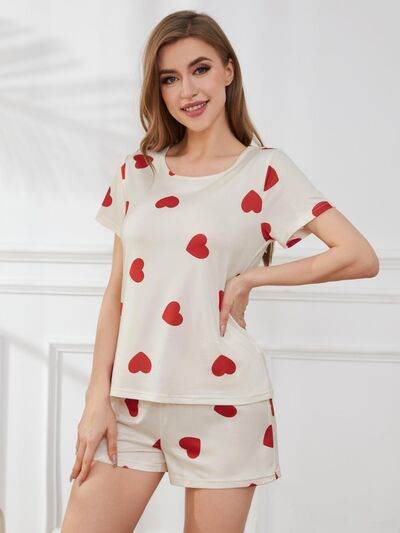 Heart Round Neck Top and Shorts Lounge Set - Amexza