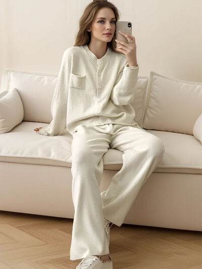 Pocketed Round Neck Button Up Cardigan and Pants Sweater Set - Amexza