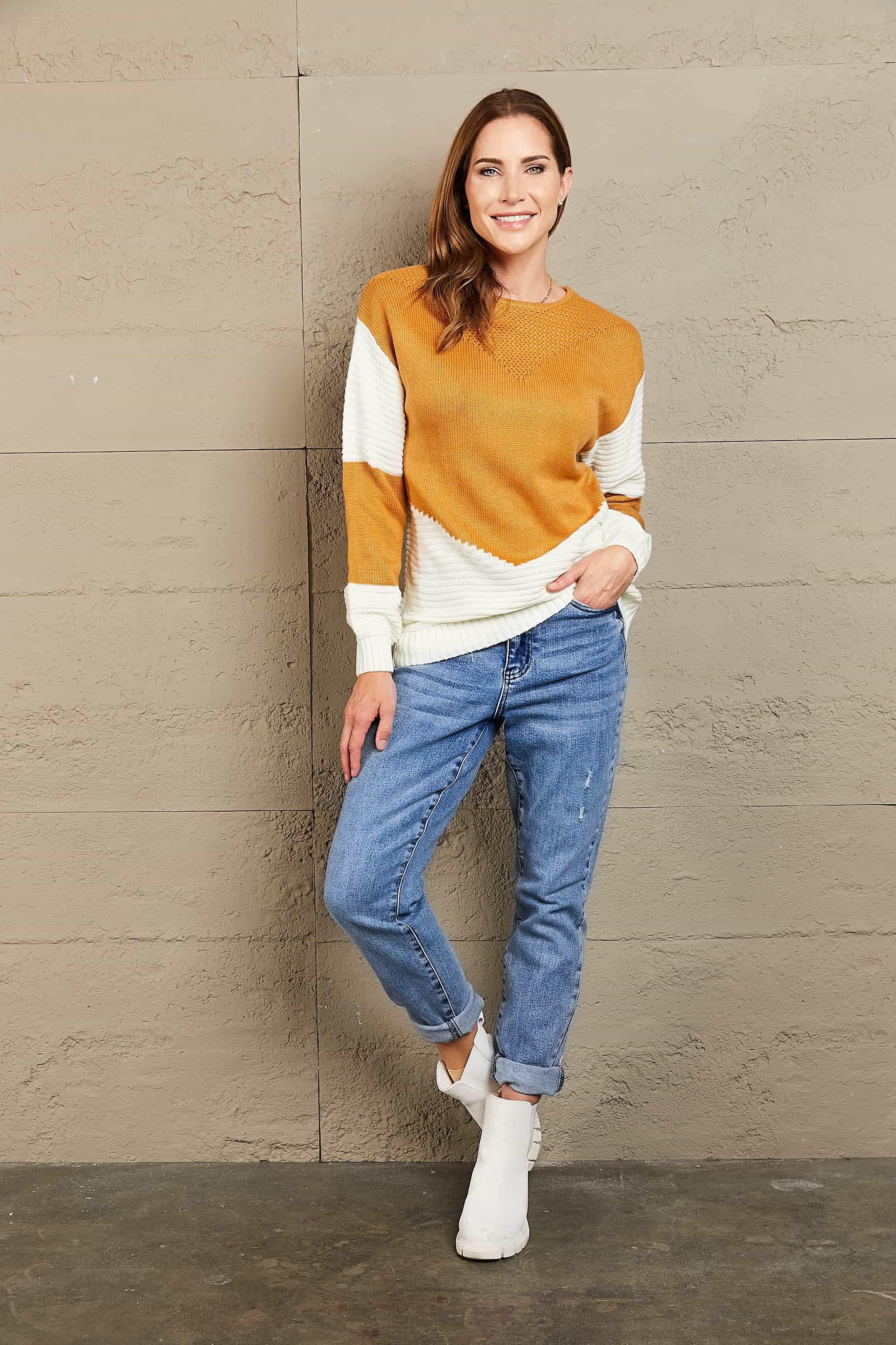 Woven Right Two-Tone Openwork Rib-Knit Sweater for a perfect OOTD – dress to impress outfits from Amexza