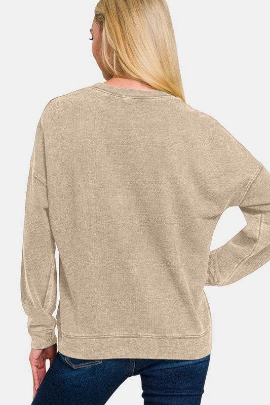 Zenana Washed Round Neck Dropped Shoulder Sweatshirt - Amexza